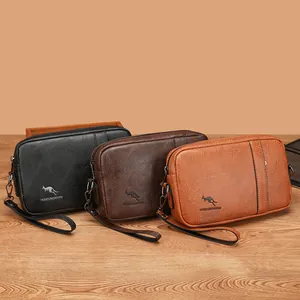 Men Business Casual PU Leather Crossbody Bag With Kangaroo Pattern Lychee Texture Waterproof Small Shoulder Clutch Bag
