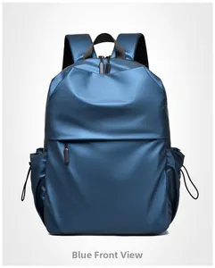 Front view of large blue water-resistant backpack with side pockets and smooth finish