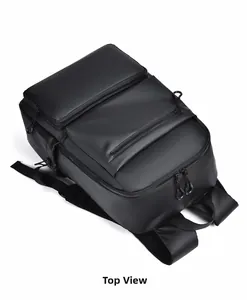 Top view of black multi-pocket business backpack showing zipper layout and compartments