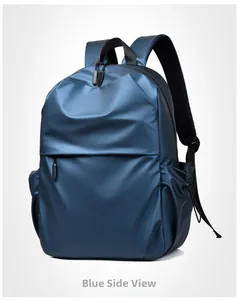 Side view of sleek navy blue laptop backpack showing smooth waterproof fabric texture