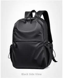 Detail shot of black waterproof backpack featuring breathable mesh straps and side pockets