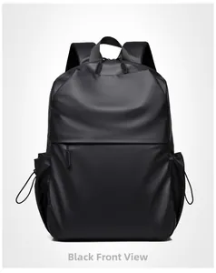 Front view of black minimalist business laptop backpack with waterproof matte finish