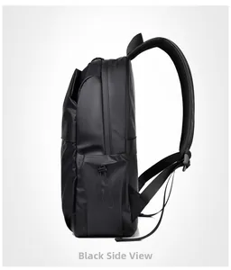 Side view of black large capacity backpack with waterproof fabric and padded straps
