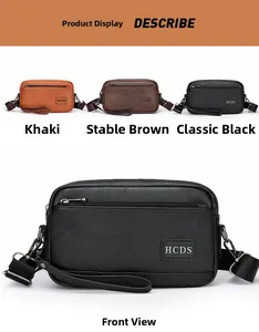 Detail view of leather crossbody bag with zipper pocket and brand logo in three colors