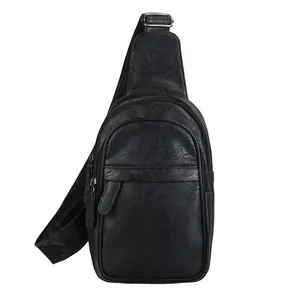 Herren-Brusttasche aus schwarzem Leder mit Kieseltextur und verstellbarem Schultergurt