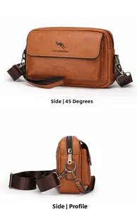 Detailed side view of brown vintage PU leather crossbody bag with adjustable strap