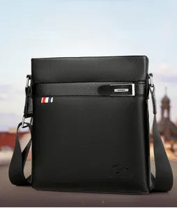 Close-up of black leather briefcase featuring lychee texture and brand embossed logo