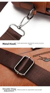 Detail of silver metal hook and adjustable woven strap on brown lychee leather bag