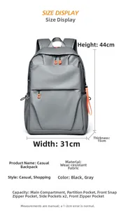 Detailed size chart showing 44x31x15cm dimensions for water-resistant grey laptop backpack