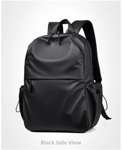 Side view of black laptop backpack with matte waterproof coating and breathable mesh straps