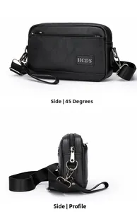 Detail view of black textured PU leather crossbody bag with dual zipper and logo