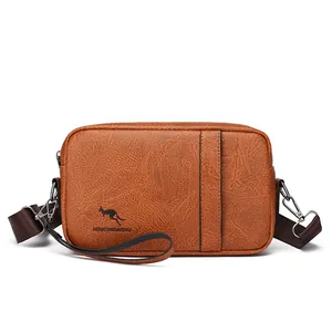 Men's brown textured leather messenger bag with kangaroo logo and crossbody strap