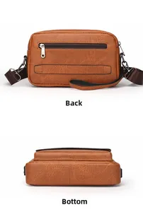Detailed back and bottom view of men's brown textured leather crossbody bag with zipper