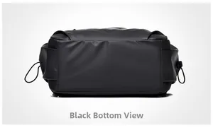 Detail view of the waterproof black backpack base with reinforced stitching and drawstrings