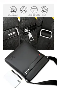 Detail of waterproof lychee grain leather briefcase with adjustable strap and logo
