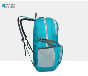 Front-side view of lightweight foldable hiking backpack with mesh pockets and adjustable straps
