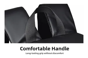 Detail of ergonomic padded top handle and reinforced stitching on black backpack