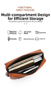 Internal view of brown leather crossbody bag with multiple storage compartments for devices