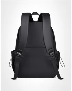 Rear view of black laptop backpack featuring luggage strap and padded S-shape shoulder straps