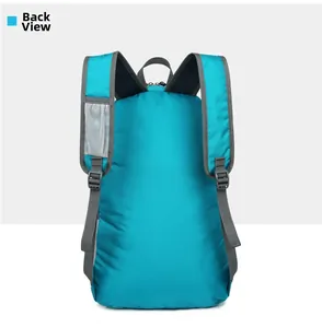 Detailed back view of cyan folding hiking backpack with breathable mesh shoulder straps