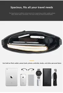 Internal view of the black leather briefcase with multiple storage compartments for iPad