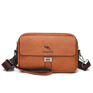 Brown textured faux leather men crossbody bag with adjustable strap and metal buckle