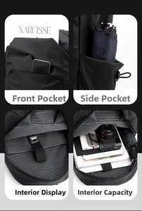 Detail view of black backpack showing front hidden pocket and striped laptop compartment