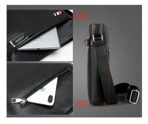 Detail view of black lychee grain leather messenger bag with front and back pockets