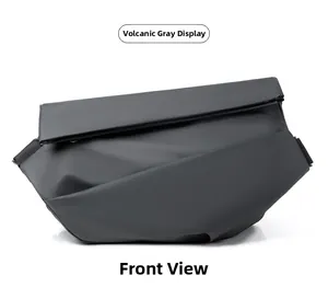 Front view of a volcano gray waterproof crossbody bag with matte minimalist folded design