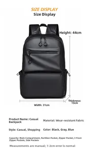Detailed size chart for black backpack showing dimensions 44x31x13cm and inner compartments