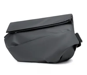 Side view of a black matte waterproof crossbody bag with minimalist geometric design