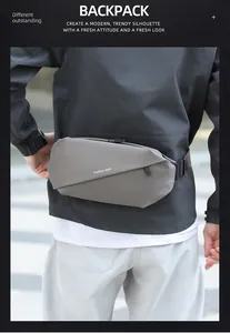 Detailed macro view of gray waterproof crossbody bag with matte texture and white logo print