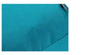 Close-up of blue tear-resistant ripstop nylon fabric and metal zipper detail on bag