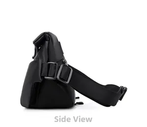 Side view of matte black waterproof crossbody bag with wide adjustable shoulder strap