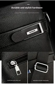 Close-up of durable silver hardware and premium lychee pattern leather on men's briefcase
