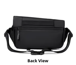 Back view of black waterproof crossbody bag featuring a hidden zipper pocket and buckle strap
