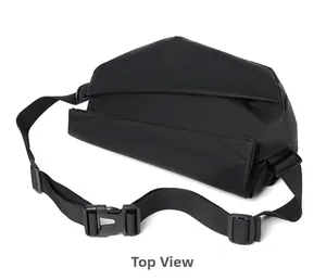 Top view of a minimalist black waterproof crossbody bag featuring matte finish and buckle