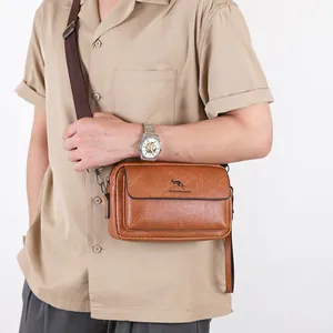 Brown PU leather crossbody bag for men with vintage texture and kangaroo logo on model