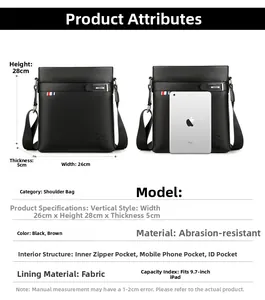 Detailed size guide for black men's shoulder bag showing 26x28x5cm dimensions with iPad