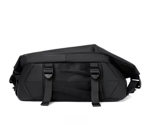 Top view of black waterproof crossbody bag featuring breathable mesh back and nylon straps