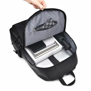 Large black multipurpose backpack with padded laptop compartment and striped lining