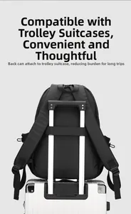 Detail of minimalist black backpack with rear strap attached to white luggage handle