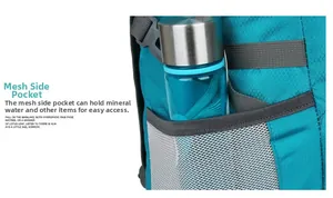 Detail of the elastic mesh side pocket on the ultralight blue hiking backpack