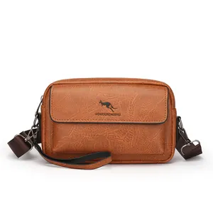 Brown textured PU leather crossbody bag for men featuring a kangaroo logo and shoulder strap