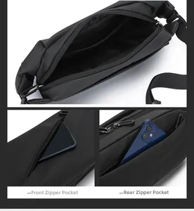 Detail view of water-resistant nylon waist bag featuring front and back zipper pockets