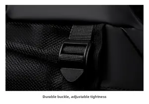 Detail of sturdy buckle and adjustable elastic cord on black high-density nylon bag