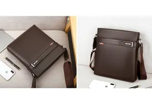 Detailed macro view of dark brown pebbled leather texture on a men's business briefcase