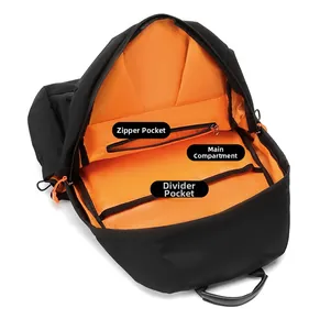 Internal view of waterproof oxford backpack showing zipper pocket, main compartment and divider