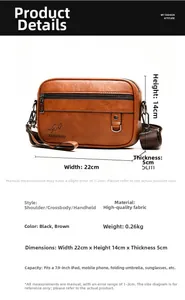 Macro view of brown textured leather crossbody bag showing dual zippers and dimensions