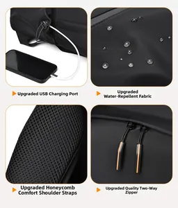 Dettagli dello zaino nero con porta USB, tessuto impermeabile e spallacci traspiranti